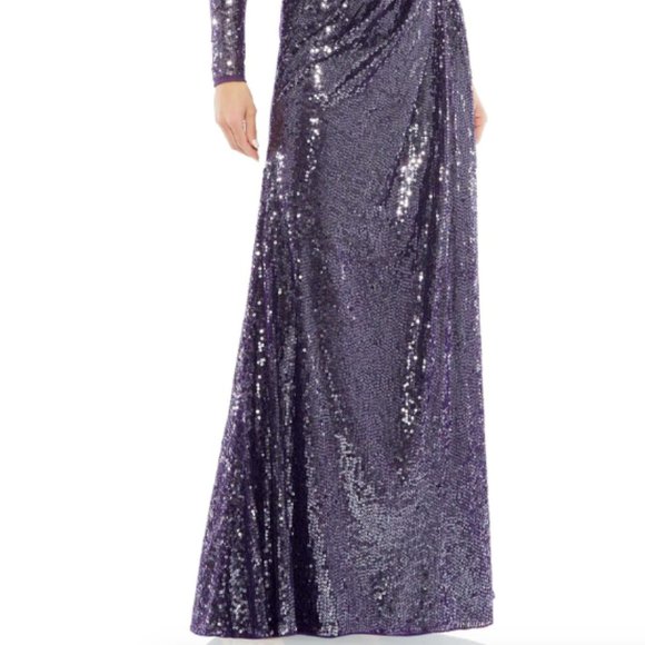 MAC DUGGAL 10824 SEQUINED HIGH NECK LONG SLEEVE DRAPED DARK AMETHYST GOWN sz 10 - Picture 6 of 7